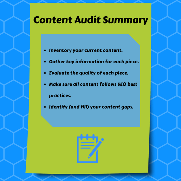 Graphic reading, content audit summary, with a list of the five steps detailed in the blog post