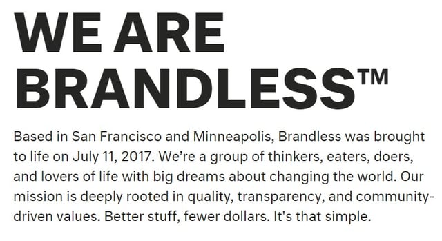 content marketing for the millennial marketplace - screenshot of Brandless about us snippet