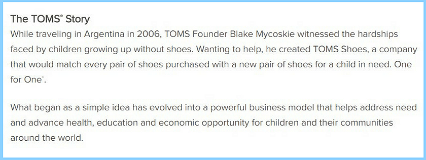 Screenshot of TOMS brand story 
