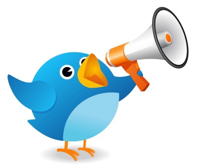 Graphic of a round blue bird tweeting into a megaphone