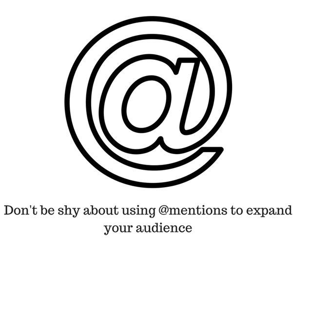 Graphic of an at symbol that says, don't be shy about using mentions to expand your audience