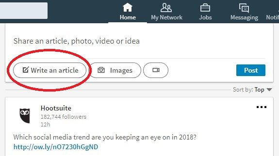 shot of a LinkedIn homepage with a red circle around the write an article button