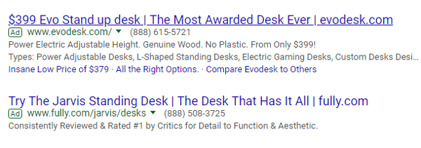 Screenshot of  Adwords ad on SERP