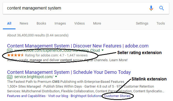 Screenshot of AdWords ad on search for content management system