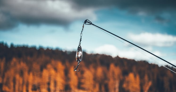 image of a fishing lure dangling above the water