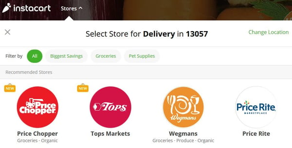 Instacart website local stores option screenshot