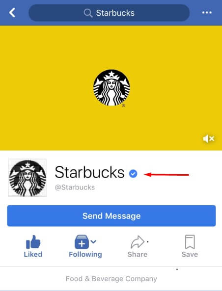 Screenshot of Starbucks’ Facebook page with an arrow pointing to their verification mark