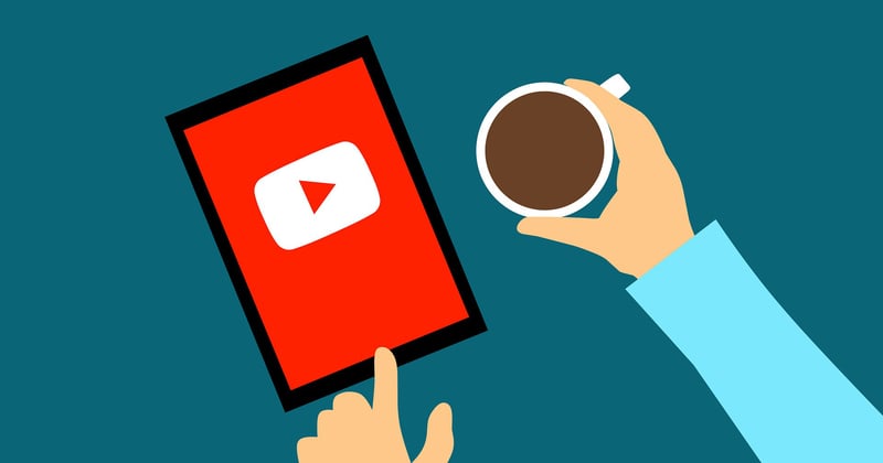 Illustrated graphic of the YouTube app on a tablet with a person holding a cup of coffee, representing the popularity of the platform on mobile devices