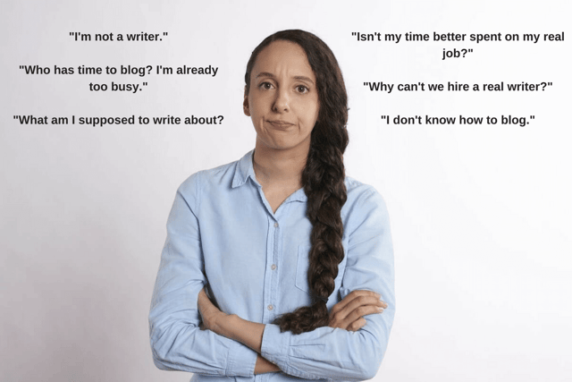 Image of a woman with a frustrated expression and text that indicates she does not want to blog