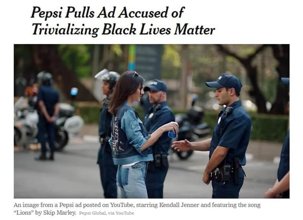 Screenshot of the New York Times article headline and image about Pepsi’s controversial Kendall Jenner TV ad