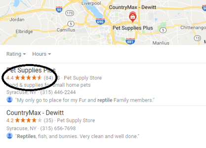 Screenshot of a localized Google search result with a company’s average review rating circled