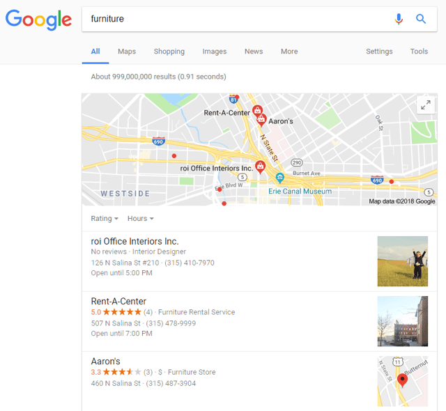 Location-based Google search results for furniture with a map and nearest locations