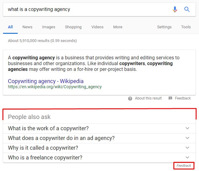 Screenshot of the featured snippet for the query, what is a copywriting agency