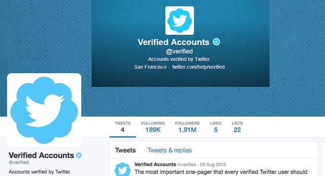 Screenshot showing verified accounts Twitter page with blue checkmark next to name