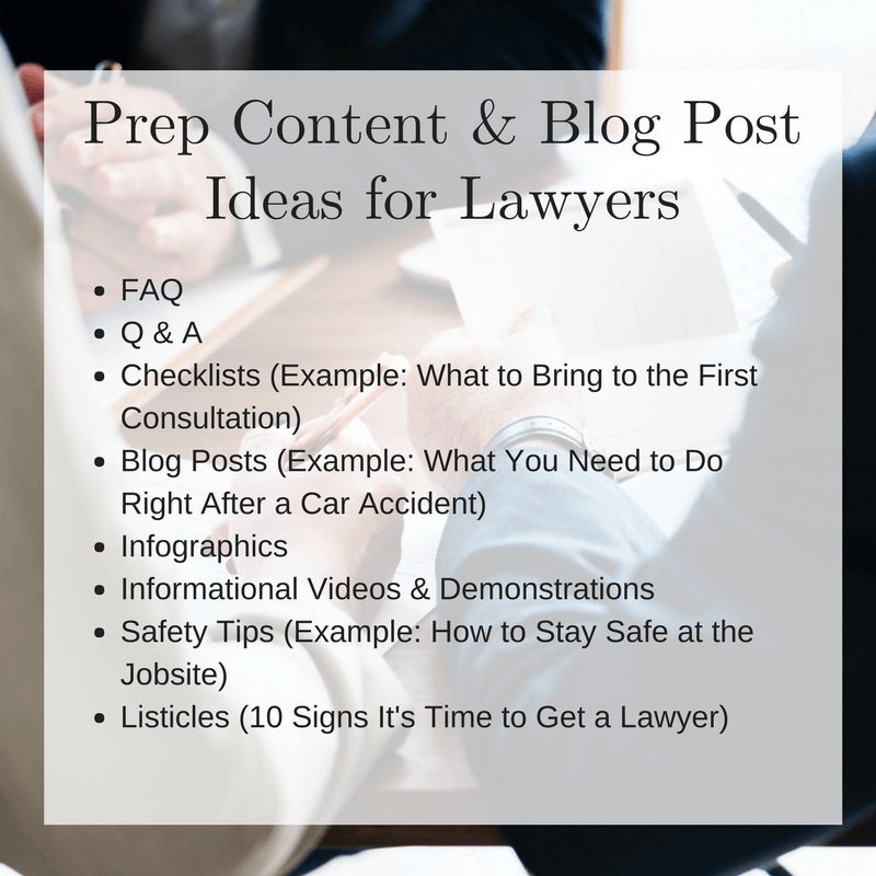 Prep Content and Blog Post Ideas for Lawyers Graphic