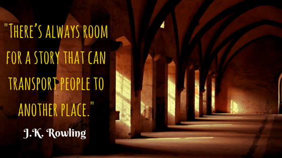 Quote from J.K. Rowling, author of the Harry Potter series, showing the power of storytelling with a background representing Hogwarts Castle