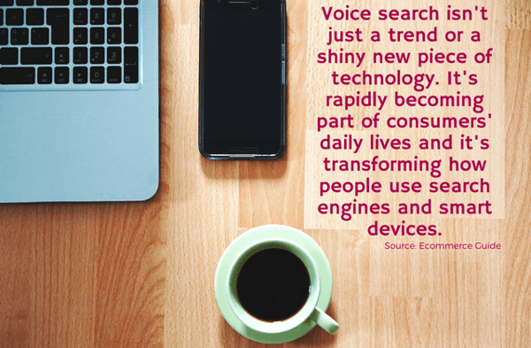 Voice search trend quote on desktop with laptop, cell phone and coffee cup
