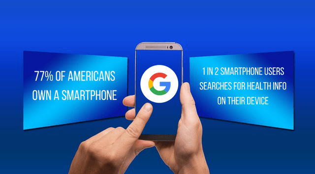 Graphic that reads, 77% of Americans own a smartphone and 1 in 2 smartphone users searches for health info on their device