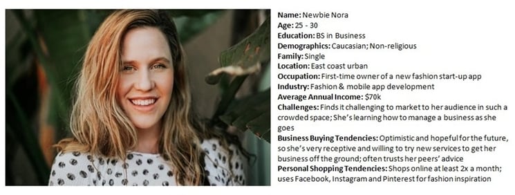 A buyer persona for Newbie Nora with various demographic information.