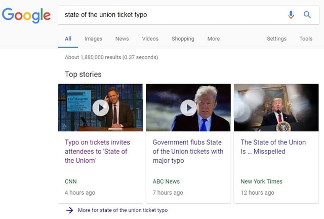 Screenshot of Google search results for state of the union ticket typo